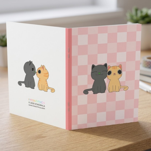 GreenPink Cat Couple Pink Gingham Handmade Notebook (A5 / A6 / B7)